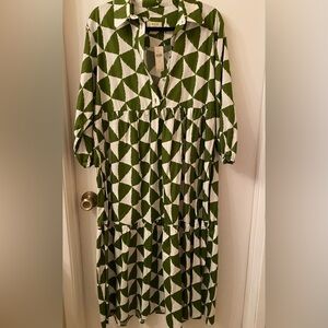 NWT-Anthropologie Bettina Green and White Midi Dress